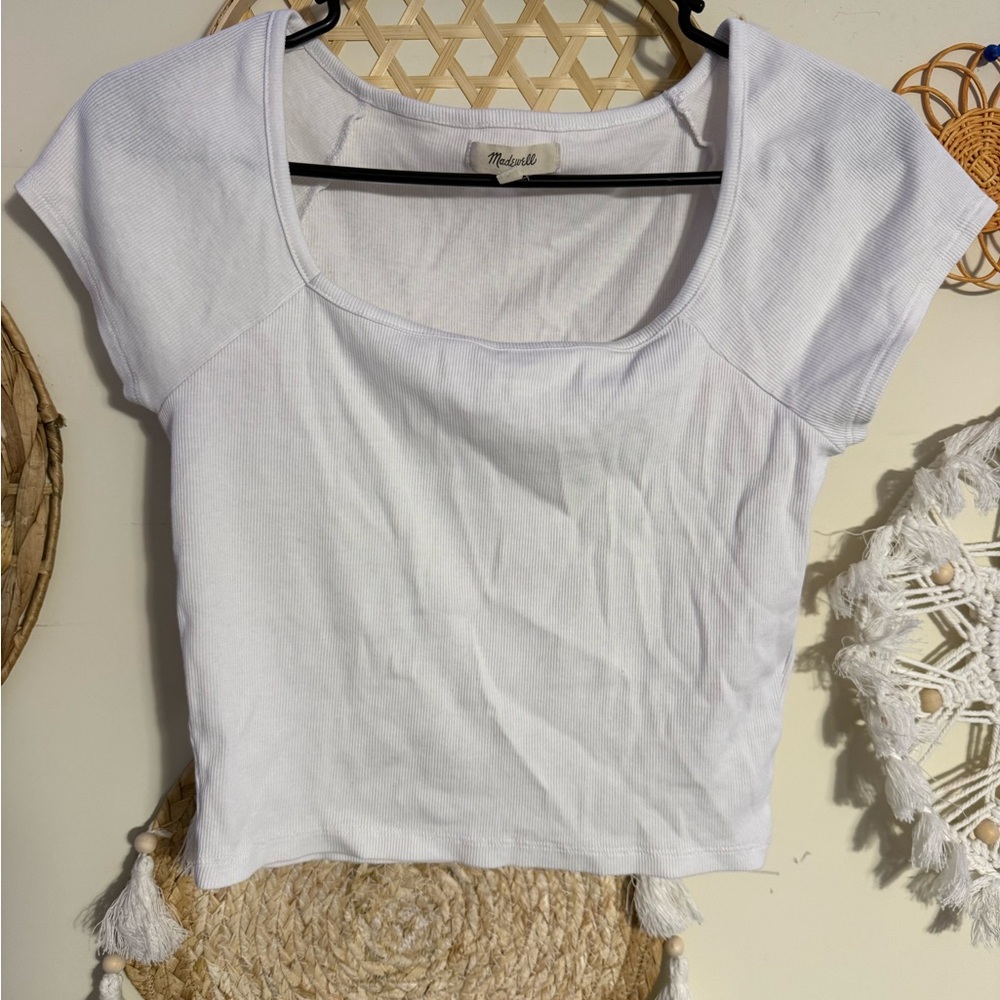 Madewell White Ribbed Scoop Neck Crop Top